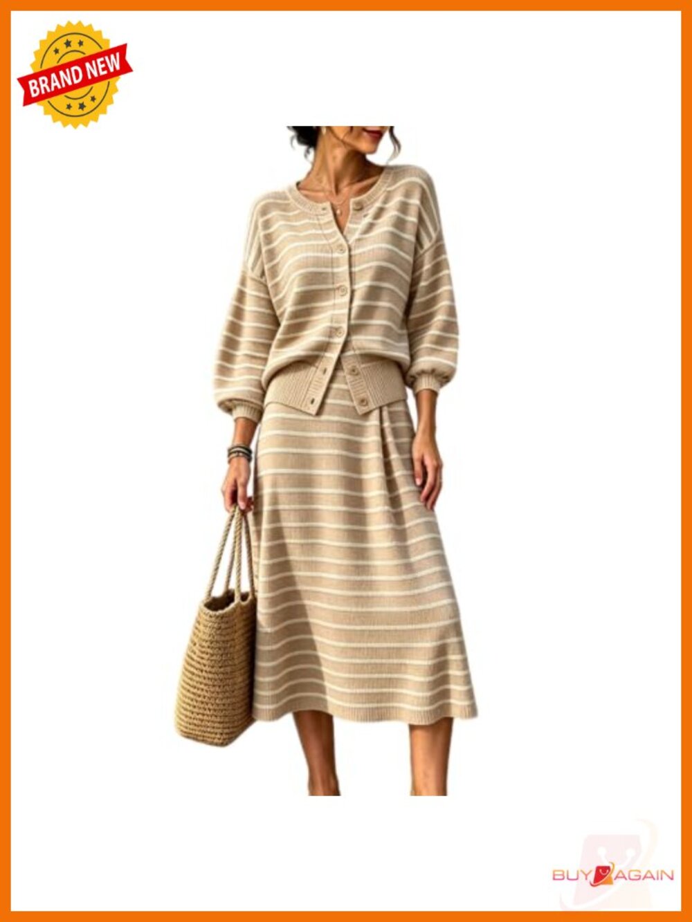 Knit 2 Piece Outfit Button Cardigan Top & Long Skirt Lounge Set